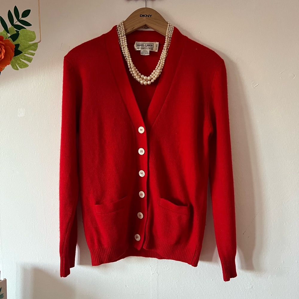 EUC VTG Cashmere Cherry Red Cardigan Daniel Caron 90s